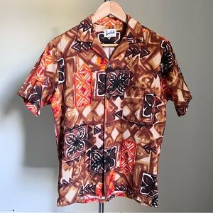Vintage 70’s Hanakahi Of Hawaii Shirt Sz M Gold Buttons Floral Print Aloha Brown